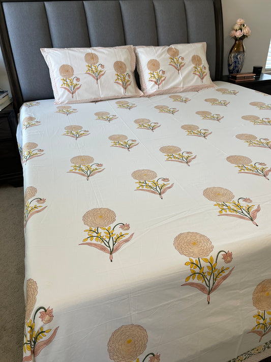 Marigold Floral Handblock Printed Cotton Bedsheet