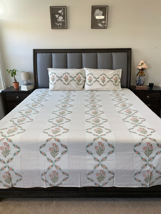 Floral Cascade Handblock Printed Cotton Bedsheet