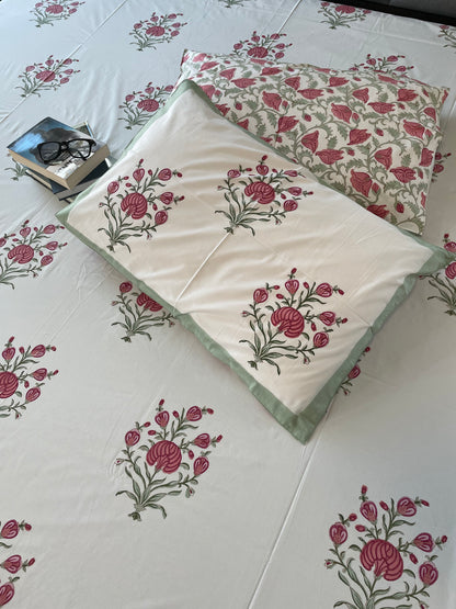 Scarlet Petal Paradise Handblock Printed Cotton Bedsheet