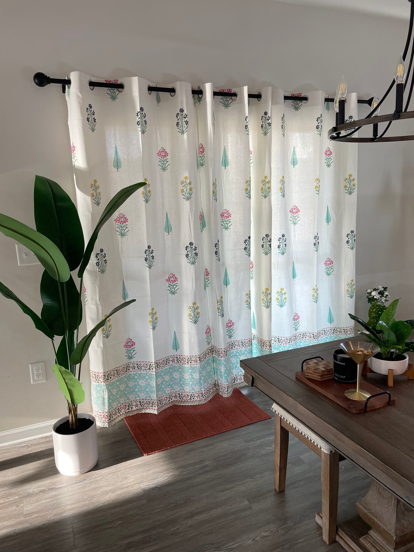 Sky Blue Blossom Hand Block Printed Cotton Curtain (2 Panels)