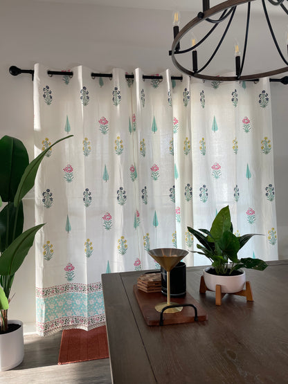 Sky Blue Blossom Hand Block Printed Cotton Curtain (2 Panels)