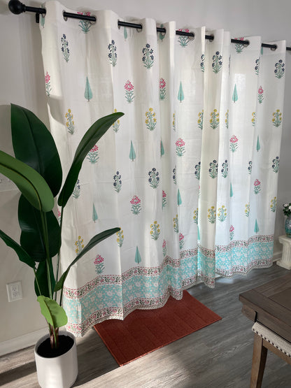 Sky Blue Blossom Hand Block Printed Cotton Curtain (2 Panels)