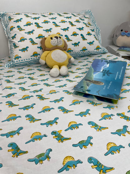 Dino Dreams Handblock Printed Bedsheet - TWIN