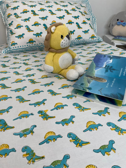 Dino Dreams Handblock Printed Bedsheet - TWIN