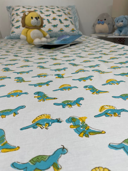 Dino Dreams Handblock Printed Bedsheet - TWIN